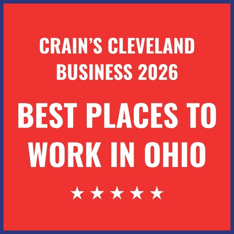 Logo advertising Crain's Cleveland Business 2026 Best Places to Work in Ohio with five stars.
