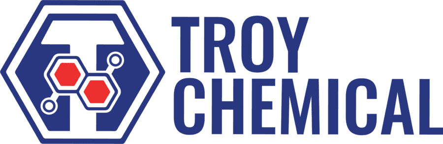 Troy Chemical full color horizontal logo with a blue hexagon and a white letter T with red overlaying molecules in the center.