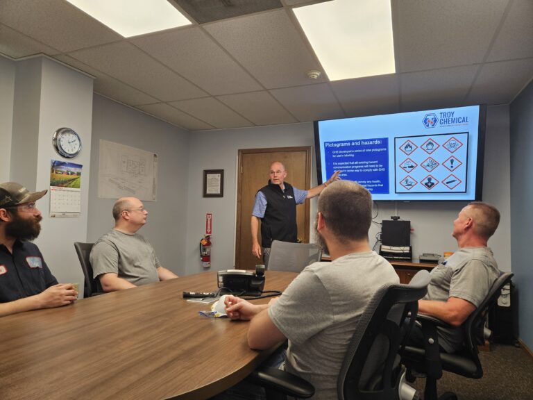 Troy Chemical pretreatment certified rep conducting a chemical safety seminar.