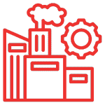 red icon of a manufacturing plant and cog representing manufacturing